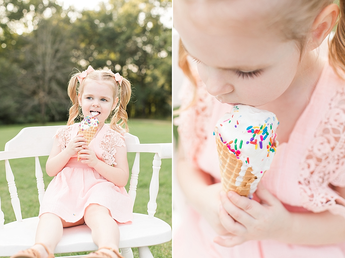 little girl with ice cream for birthday portraits at Heritage Park