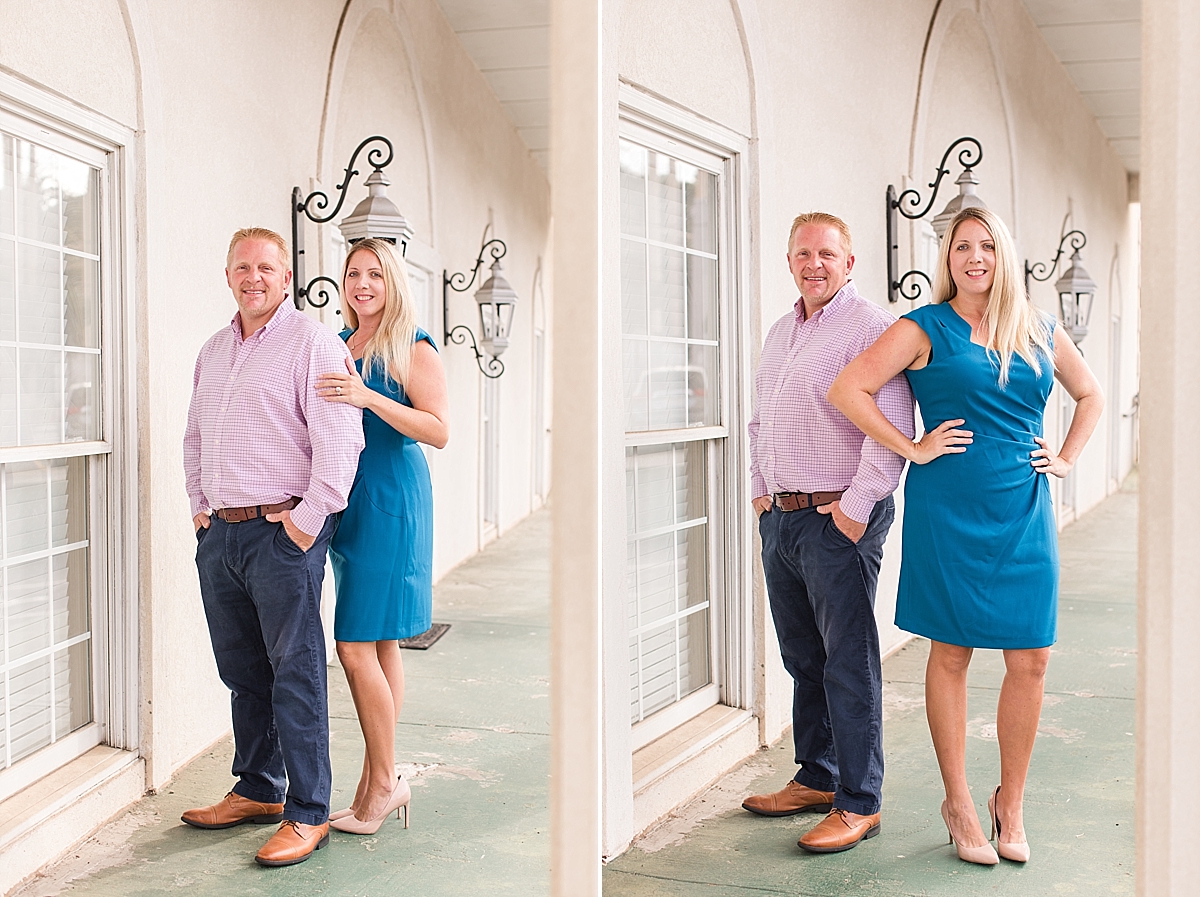 Couple poses for headshots at Elizabeth Head and Associates in Downtown McDonough Square