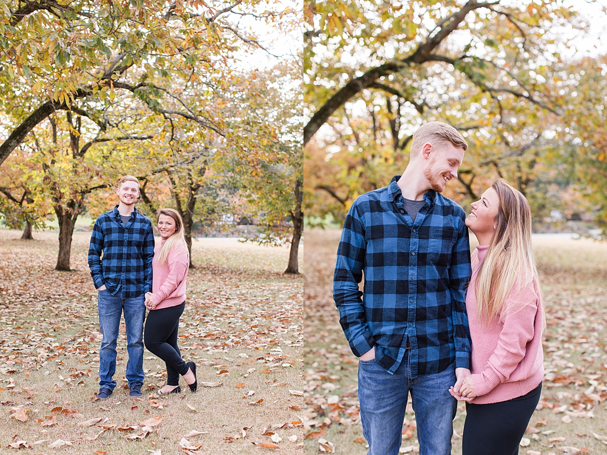 Engagement Session surrounded by fall leaves at Monastery of the Holy Spirit