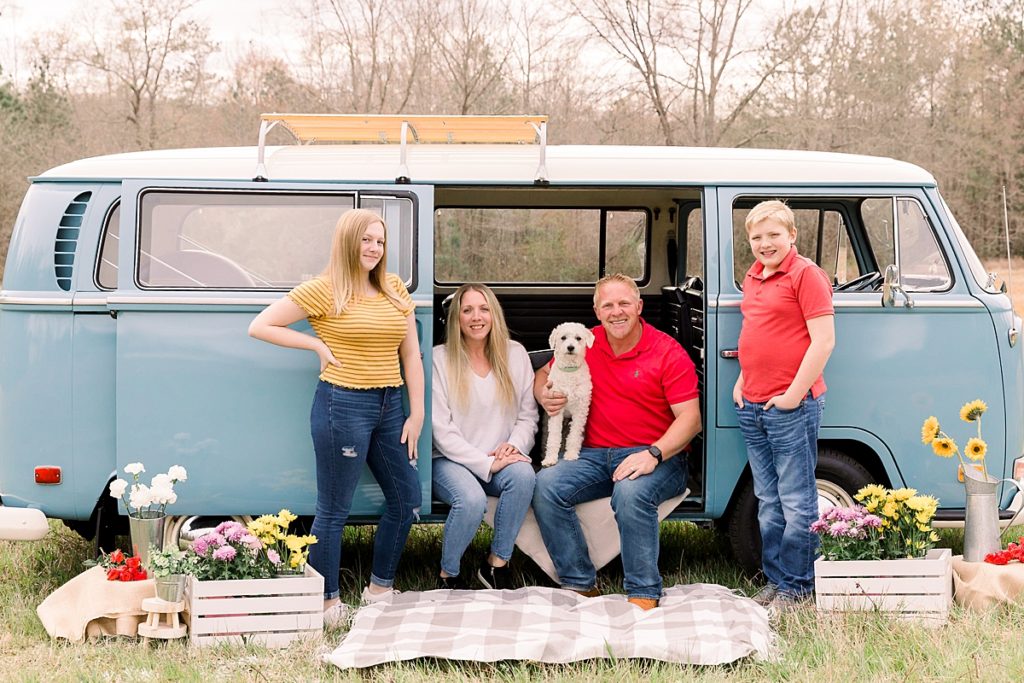 Family and pup with VW Bus for spring portraits