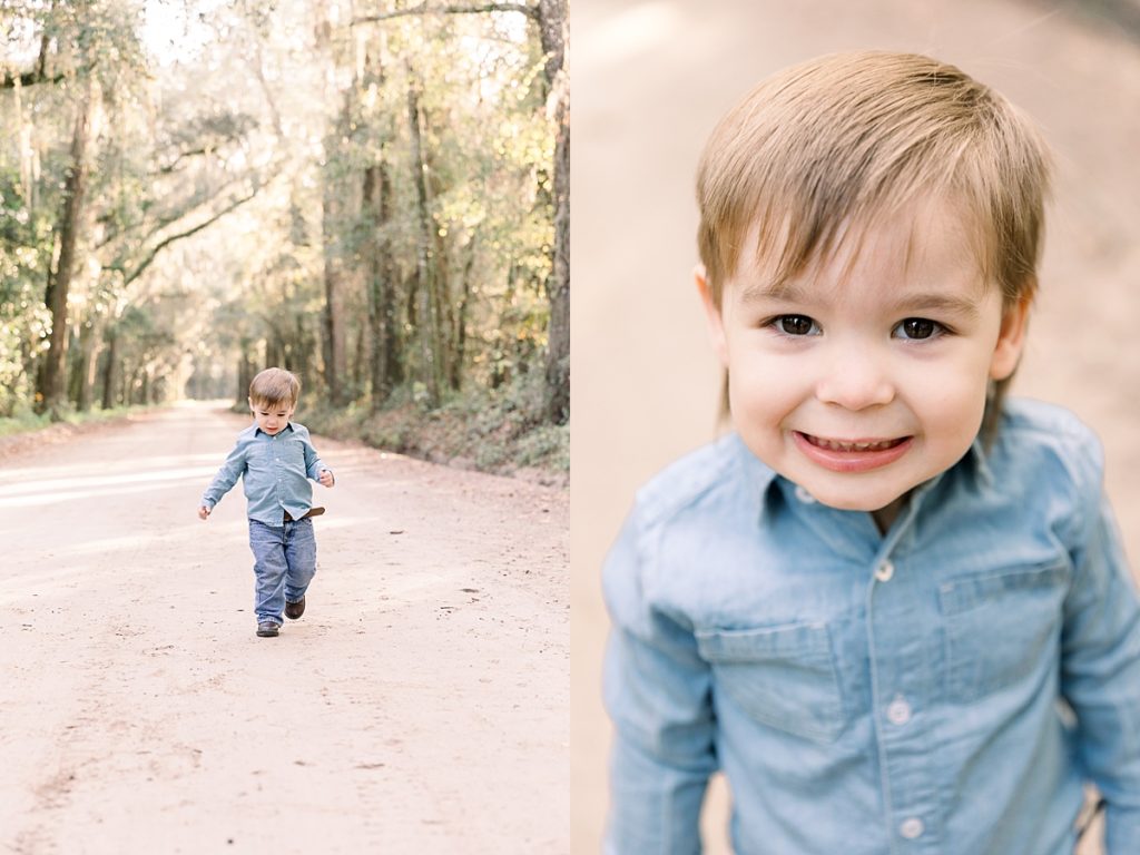 Little boy runs on dirt road for family session