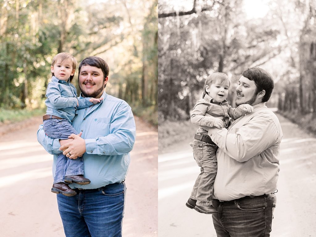 Dad poses with son for fall family session on dirt road